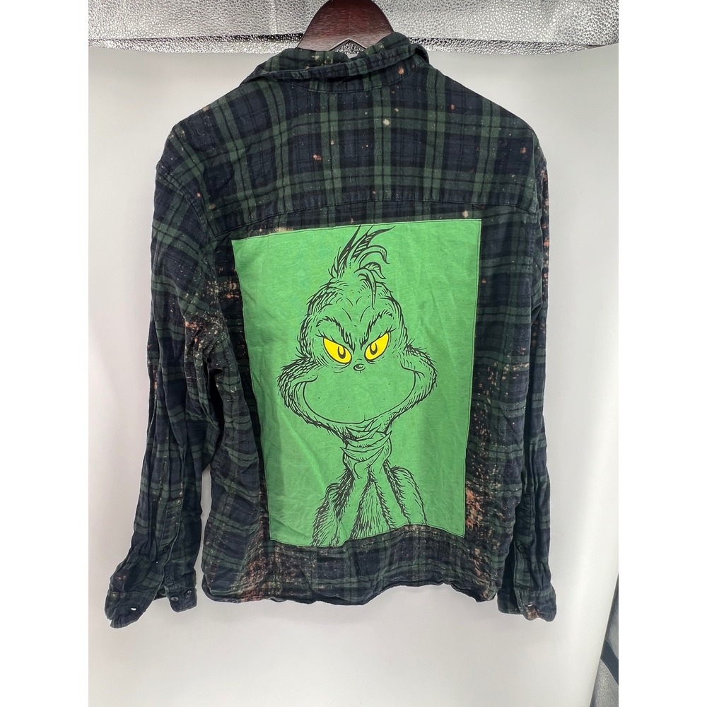 Grinch Bleached Flannel Shirt Mens XL Green Plaid Custom